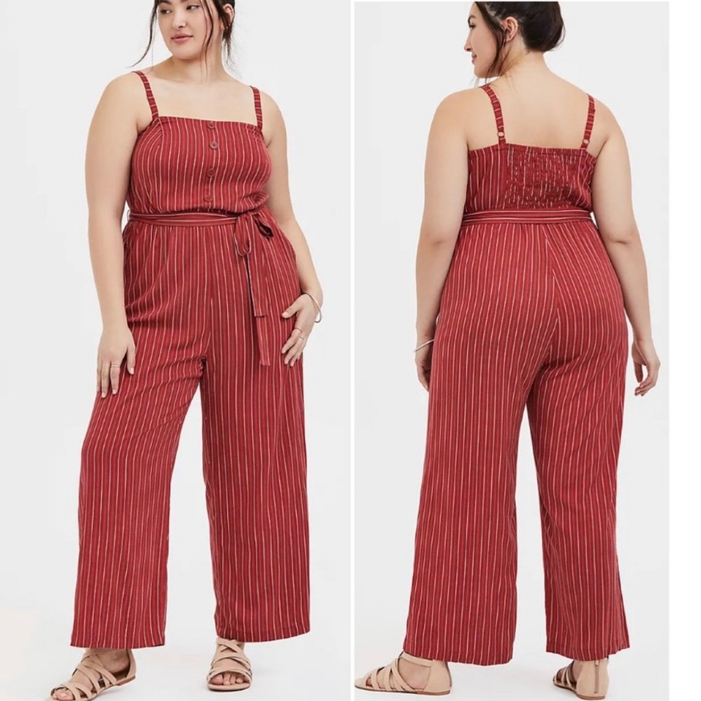 Torrid CHALLIS SELF TIE WIDE LEG V-NECK JUMPSUIT, Size 1X, Orange/White
